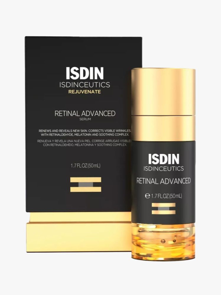 Isdin Isdinceutics Retinal Advanced Serum gold and black bottle and box on light gray background
