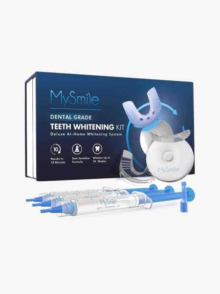 MySmile LED Teeth Whitening Kit in branded components on a light gray background