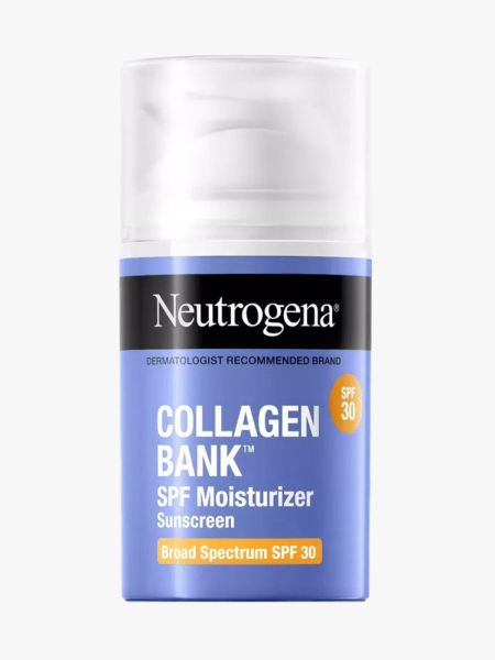 Neutrogena Collagen Bank SPF Moisturizer squat periwinkle bottle of moisturizer with white cap on light gray background